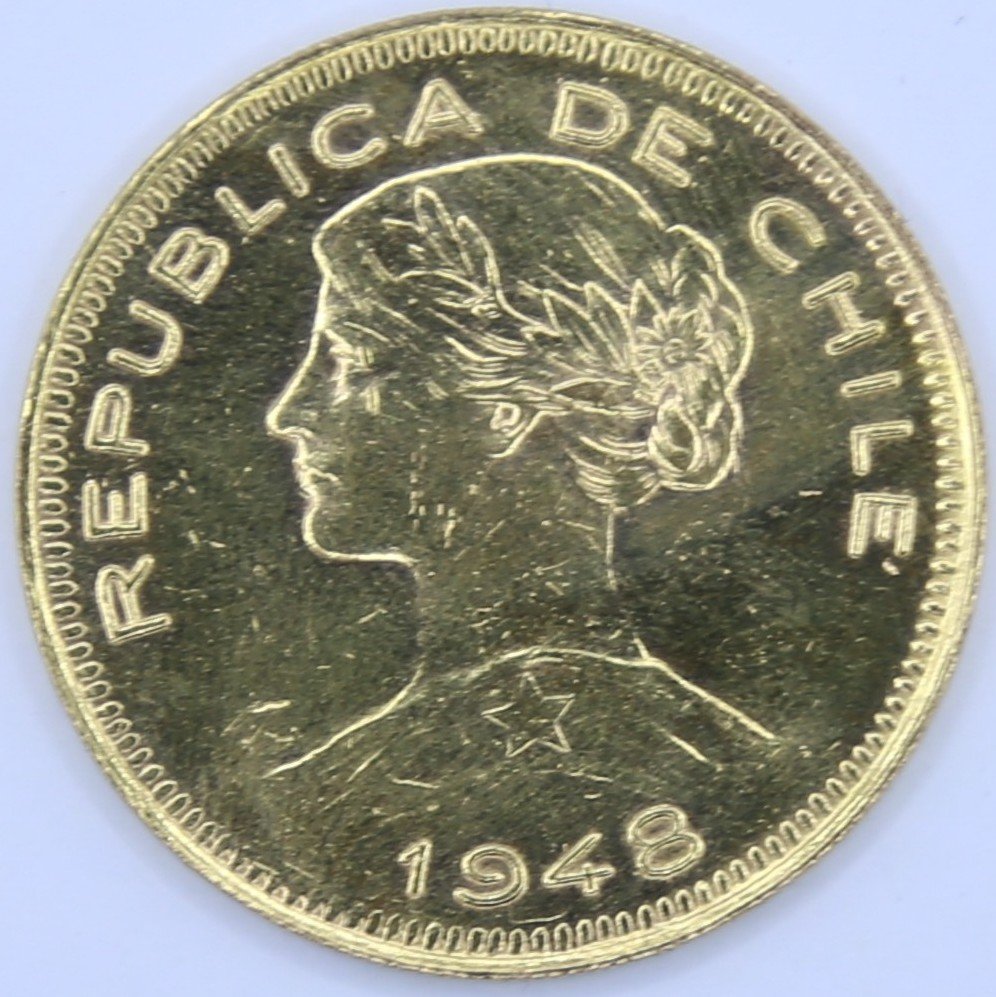 moneda de oro 21k 100 pesos chile año 1948